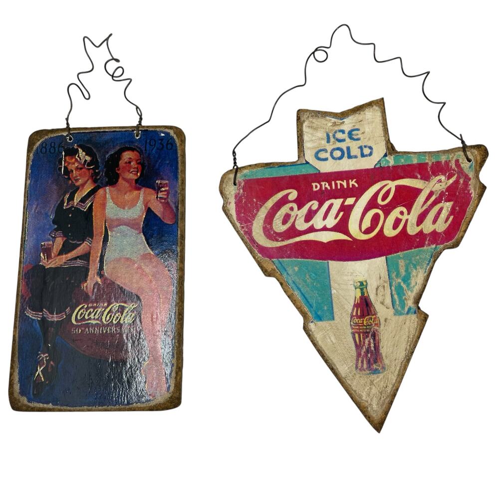Coca-Cola Vintage Reproduction Advertising Signs On Wire Hangers Set of 2